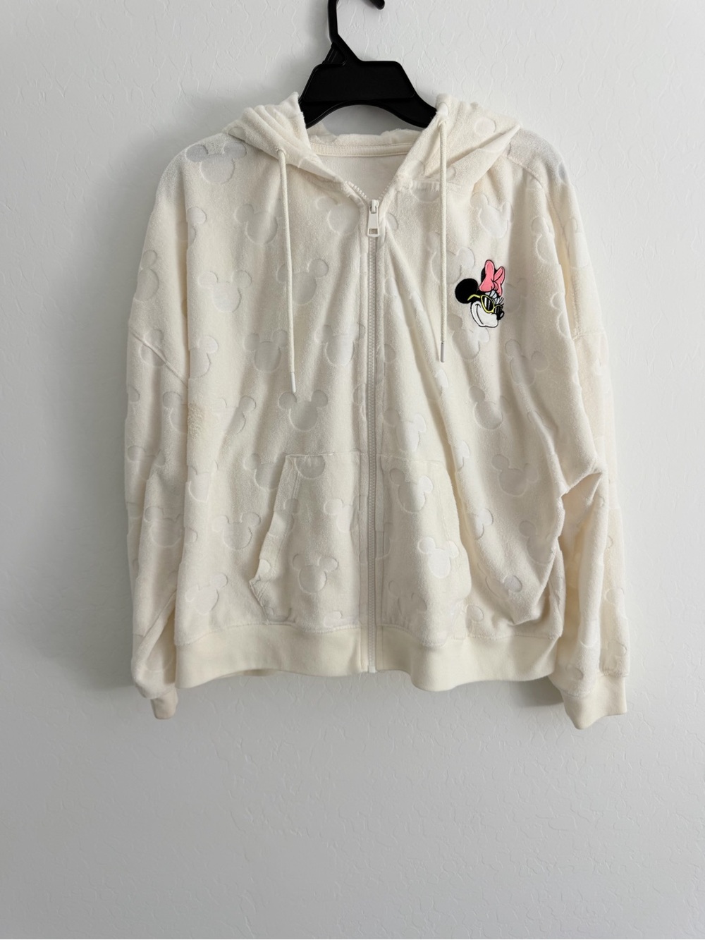 Disney Park Minnie Mouse white velour burnout zip hoddie L